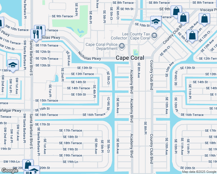 map of restaurants, bars, coffee shops, grocery stores, and more near 599 14th Terrace in Cape Coral