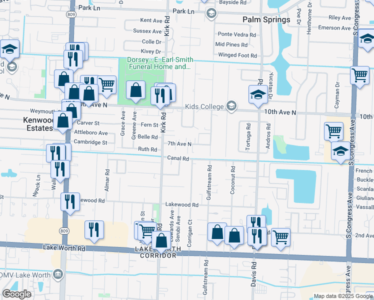 map of restaurants, bars, coffee shops, grocery stores, and more near 3865 7th Avenue North in Lake Worth