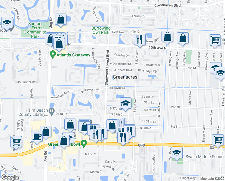 map of restaurants, bars, coffee shops, grocery stores, and more near 700 Nottingham Circle in Greenacres