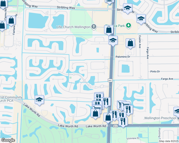 map of restaurants, bars, coffee shops, grocery stores, and more near 10235 Wellington Parc Drive in Wellington