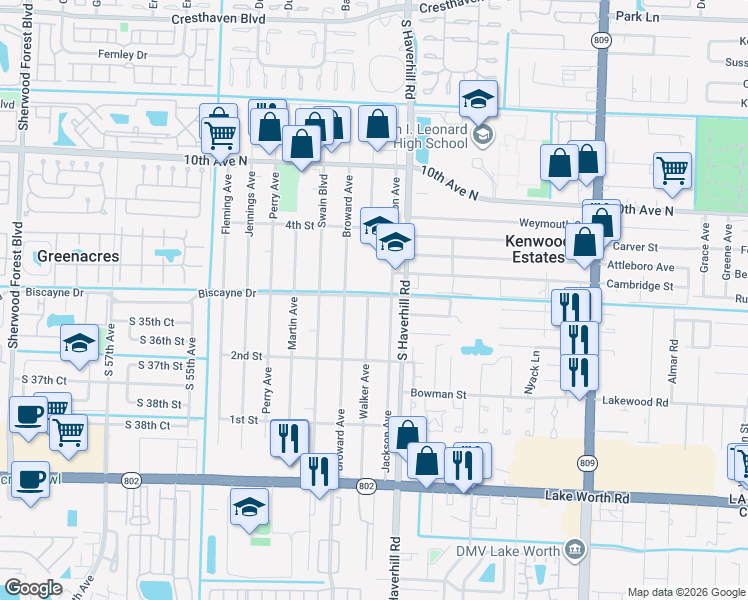 map of restaurants, bars, coffee shops, grocery stores, and more near 364 Walker Avenue in Greenacres