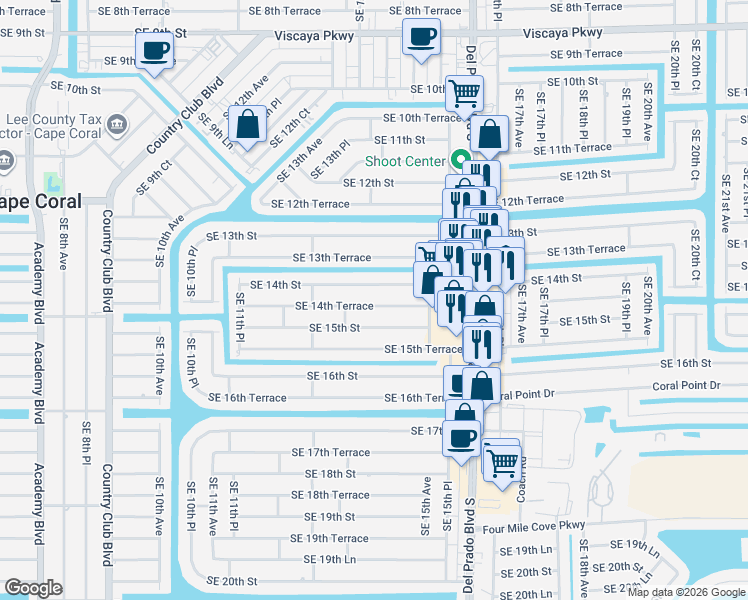 map of restaurants, bars, coffee shops, grocery stores, and more near 1421 Southeast 14th Terrace in Cape Coral