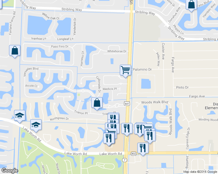 map of restaurants, bars, coffee shops, grocery stores, and more near 10321 Medicis Place in Wellington