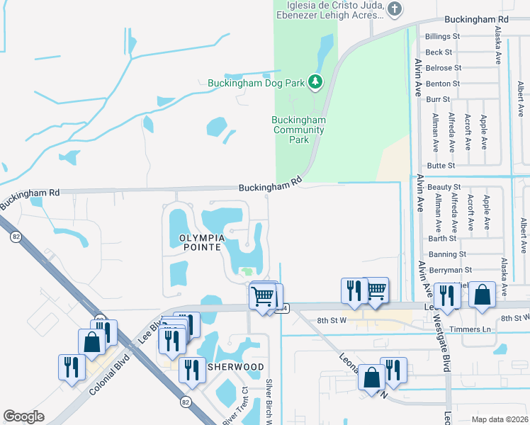 map of restaurants, bars, coffee shops, grocery stores, and more near 8672 Athena Court in Lehigh Acres