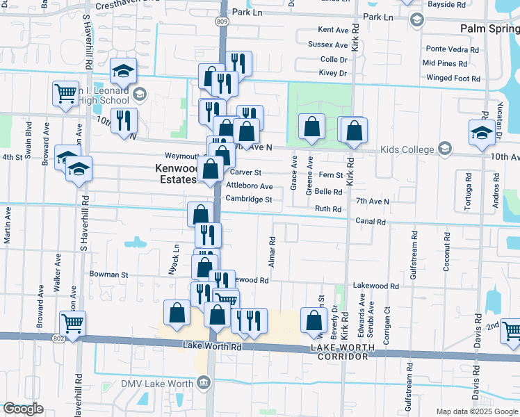 map of restaurants, bars, coffee shops, grocery stores, and more near 4337 Cambridge Street in Lake Worth