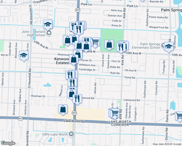 map of restaurants, bars, coffee shops, grocery stores, and more near 4337 Cambridge Street in Lake Worth