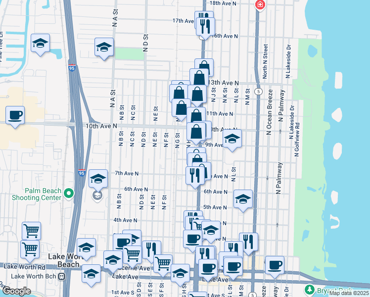 map of restaurants, bars, coffee shops, grocery stores, and more near 831 North H Street in Lake Worth