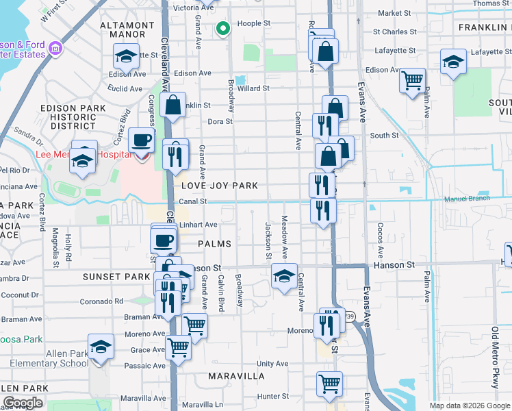 map of restaurants, bars, coffee shops, grocery stores, and more near in Fort Myers