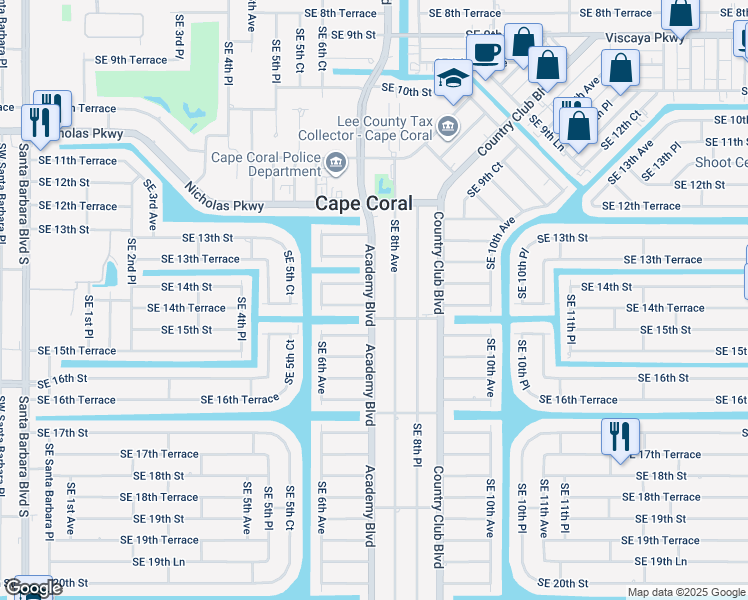 map of restaurants, bars, coffee shops, grocery stores, and more near 624 Southeast 14th Street in Cape Coral