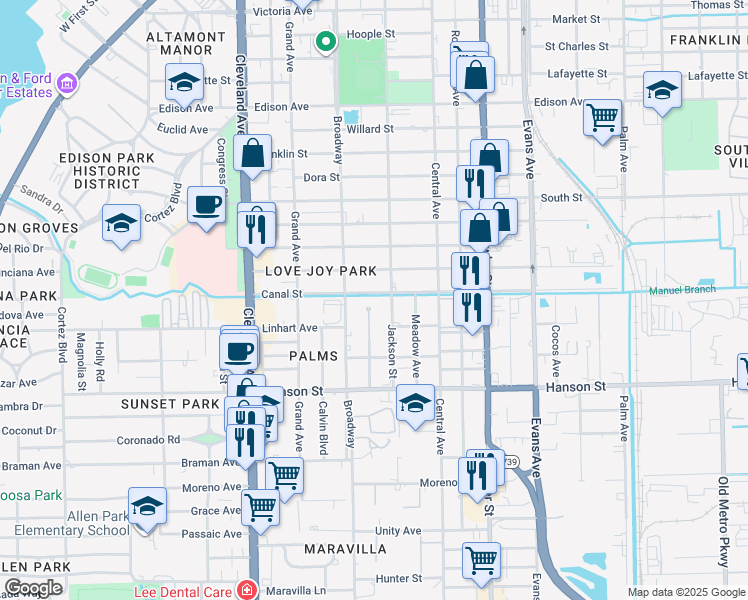 map of restaurants, bars, coffee shops, grocery stores, and more near 2828 Jackson Street in Fort Myers