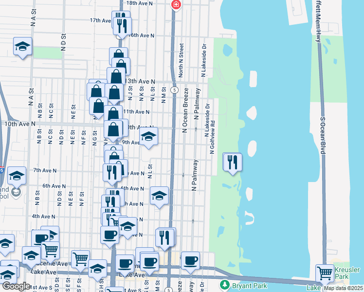 map of restaurants, bars, coffee shops, grocery stores, and more near 301 9th Avenue North in Lake Worth