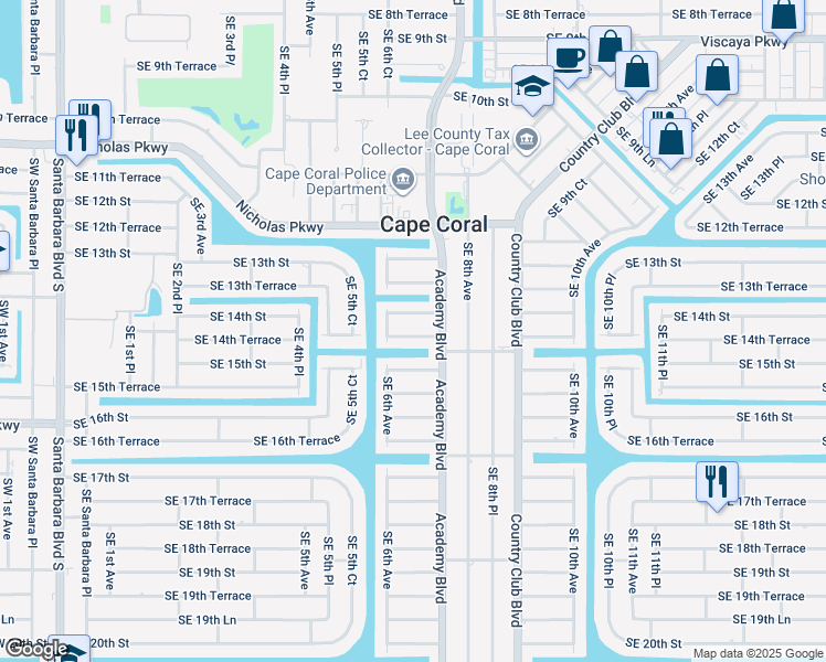 map of restaurants, bars, coffee shops, grocery stores, and more near 624 Southeast 14th Street in Cape Coral