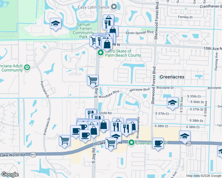map of restaurants, bars, coffee shops, grocery stores, and more near 215 Wedgewood Circle in Greenacres