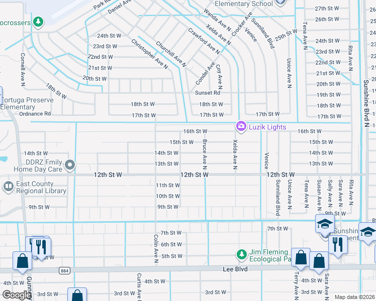 map of restaurants, bars, coffee shops, grocery stores, and more near 3805 15th Street West in Lehigh Acres
