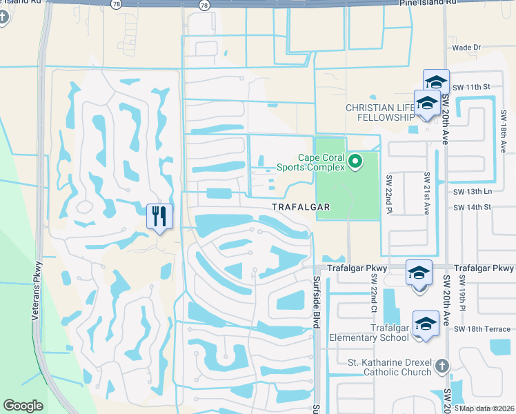 map of restaurants, bars, coffee shops, grocery stores, and more near 2607 Anguilla Drive in Cape Coral