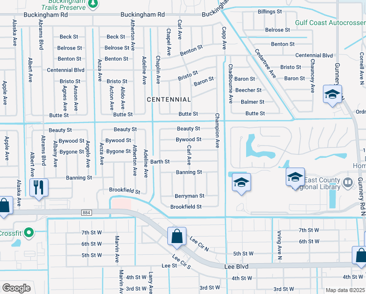 map of restaurants, bars, coffee shops, grocery stores, and more near 5001 Bywood Street in Lehigh Acres