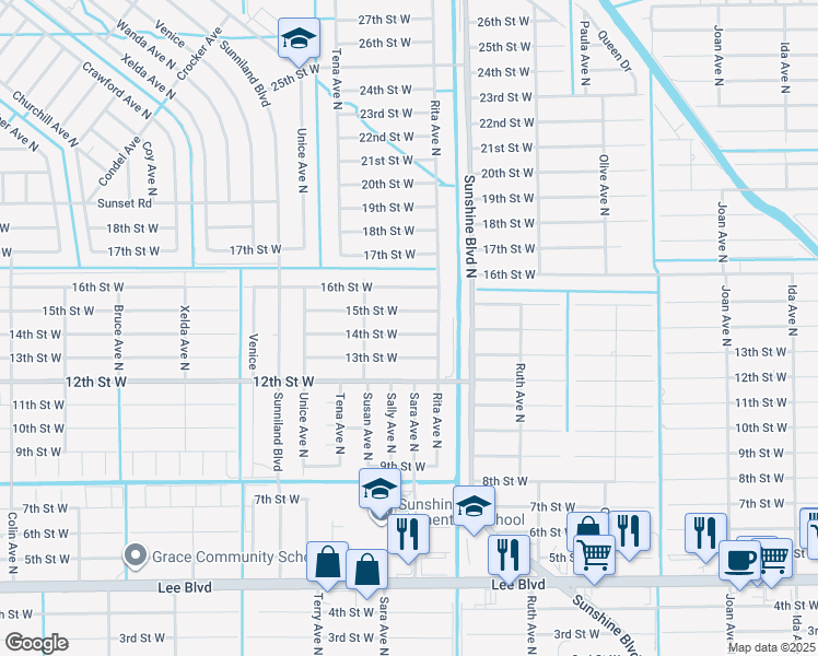 map of restaurants, bars, coffee shops, grocery stores, and more near 3406 14th Street West in Lehigh Acres