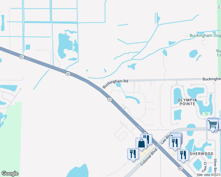 map of restaurants, bars, coffee shops, grocery stores, and more near Buckingham Road in Lehigh Acres