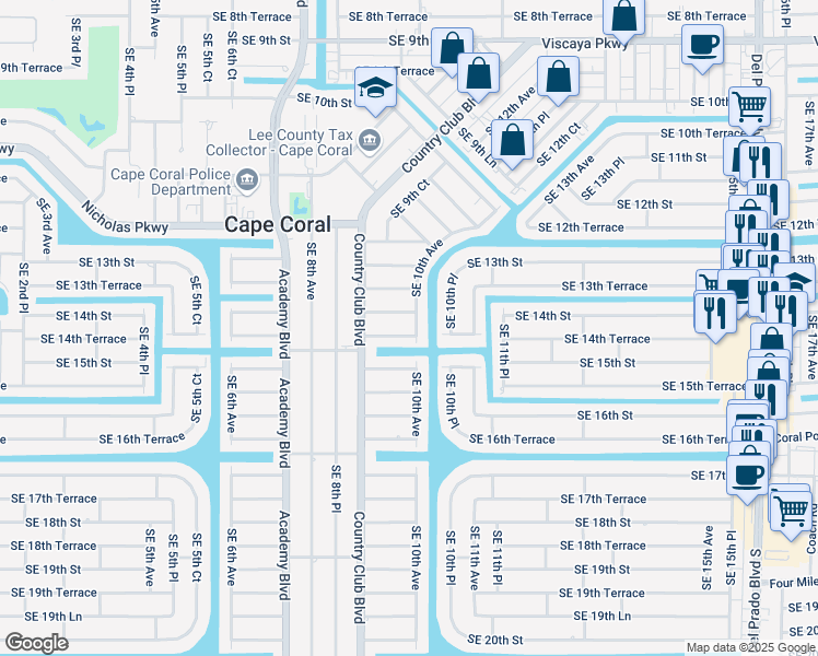 map of restaurants, bars, coffee shops, grocery stores, and more near 927 Southeast 14th Terrace in Cape Coral