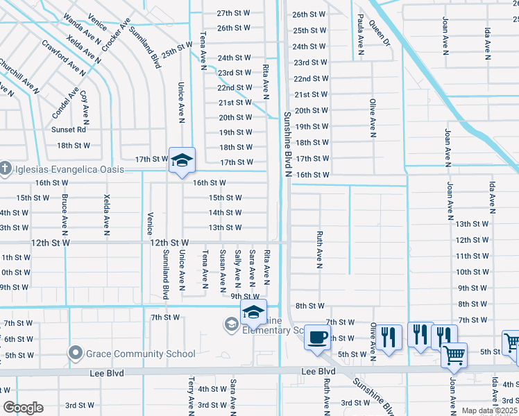 map of restaurants, bars, coffee shops, grocery stores, and more near 3402 14th Street West in Lehigh Acres