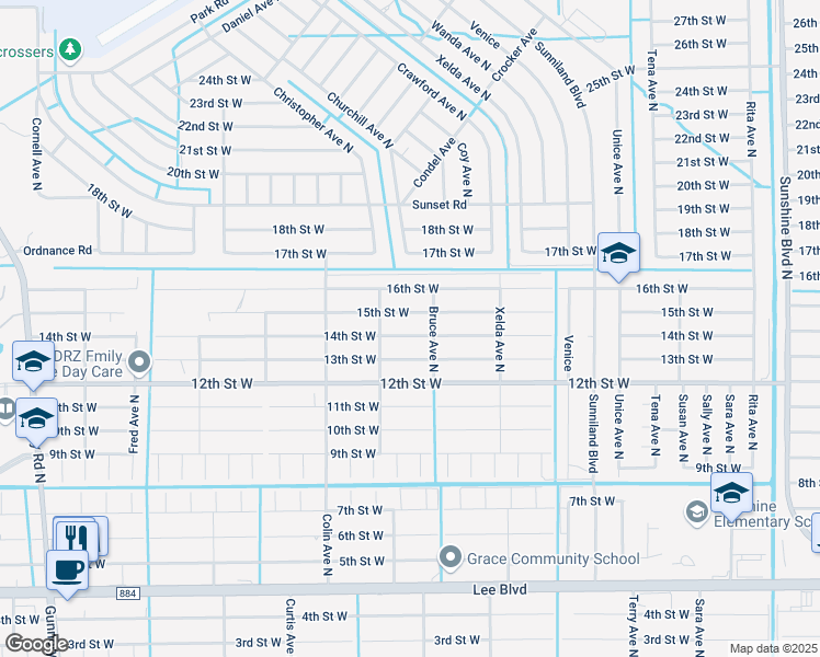 map of restaurants, bars, coffee shops, grocery stores, and more near 3805 15th Street West in Lehigh Acres