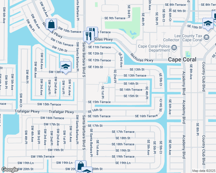 map of restaurants, bars, coffee shops, grocery stores, and more near 185 Southeast 14th Terrace in Cape Coral