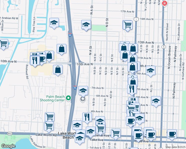 map of restaurants, bars, coffee shops, grocery stores, and more near 831 North B Street in Lake Worth
