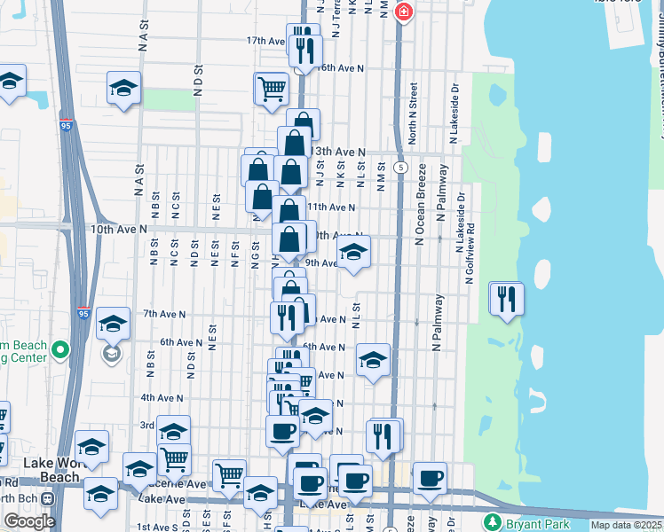 map of restaurants, bars, coffee shops, grocery stores, and more near 906 North K Street in Lake Worth
