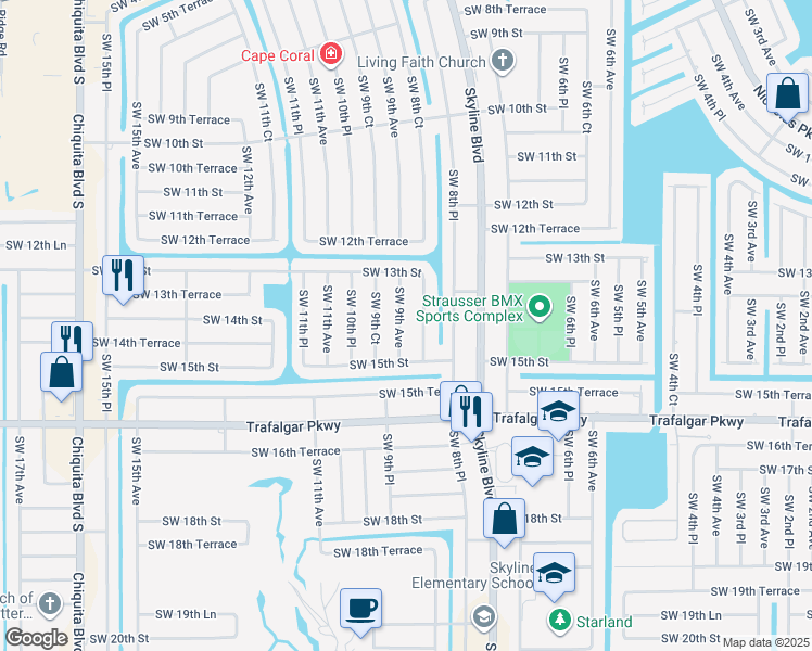 map of restaurants, bars, coffee shops, grocery stores, and more near 1401 Southwest 9th Avenue in Cape Coral
