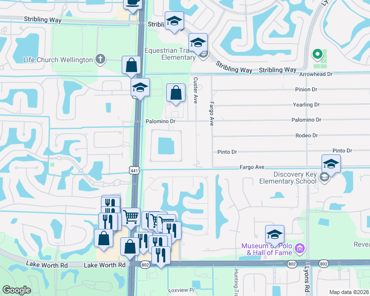 map of restaurants, bars, coffee shops, grocery stores, and more near 3573 Lago De Talavera in Wellington