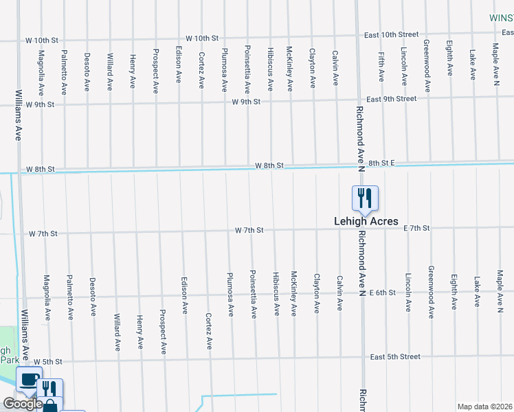 map of restaurants, bars, coffee shops, grocery stores, and more near 710 Poinsettia Avenue in Lehigh Acres