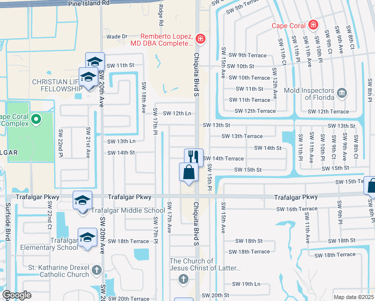 map of restaurants, bars, coffee shops, grocery stores, and more near 1610 Southwest 14th Street in Cape Coral