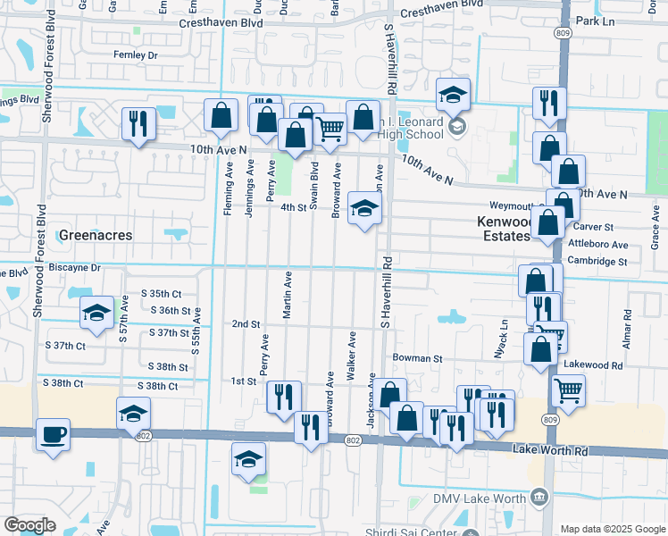 map of restaurants, bars, coffee shops, grocery stores, and more near 409 Broward Avenue in Greenacres