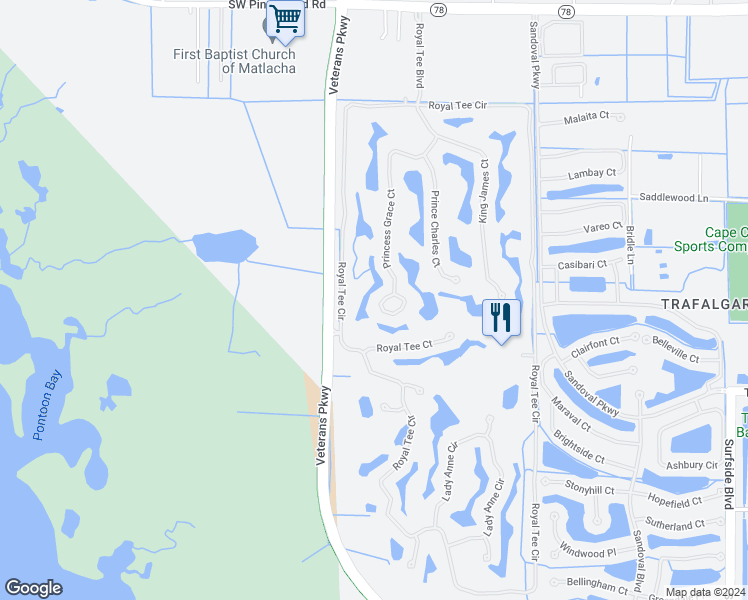 map of restaurants, bars, coffee shops, grocery stores, and more near 11857 Princess Grace Court in Cape Coral