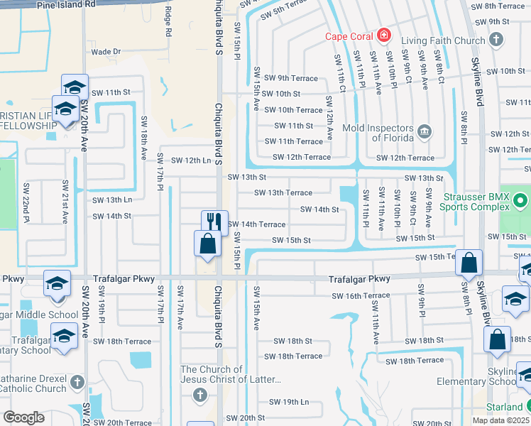 map of restaurants, bars, coffee shops, grocery stores, and more near 1422 Southwest 14th Street in Cape Coral