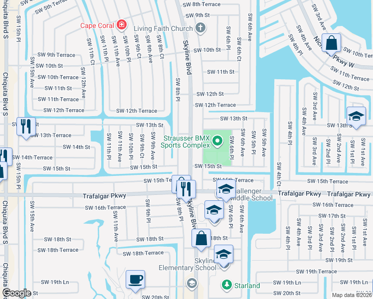 map of restaurants, bars, coffee shops, grocery stores, and more near 1404 Skyline Boulevard in Cape Coral