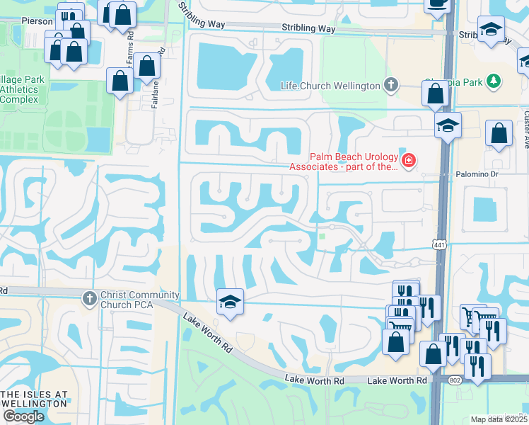 map of restaurants, bars, coffee shops, grocery stores, and more near 10521 Versailles Boulevard in Wellington