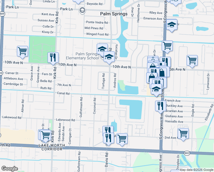 map of restaurants, bars, coffee shops, grocery stores, and more near 43 Davis Road in Palm Springs