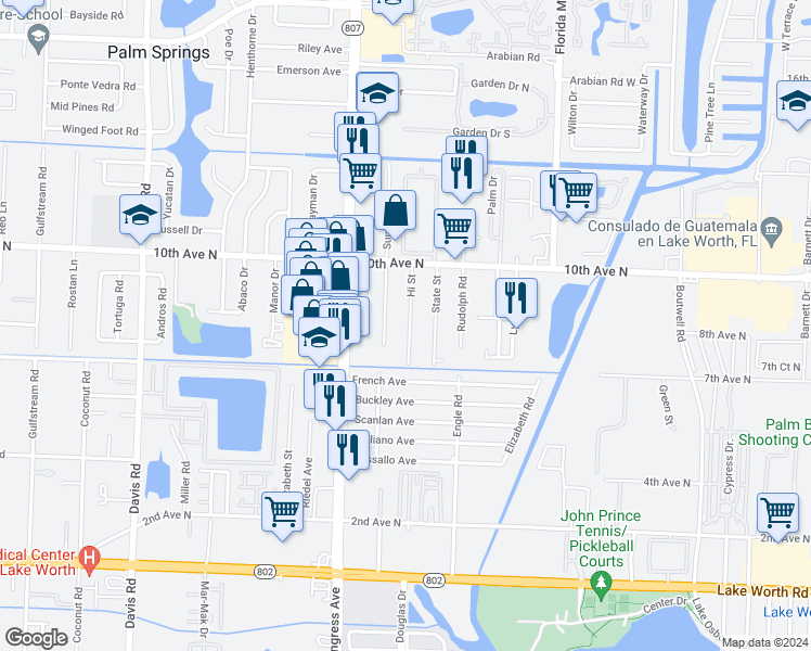 map of restaurants, bars, coffee shops, grocery stores, and more near 3403 Hi Street in Lake Worth