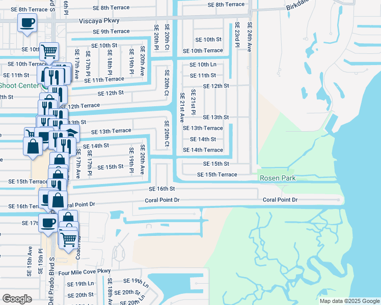 map of restaurants, bars, coffee shops, grocery stores, and more near 2110 Southeast 14th Terrace in Cape Coral