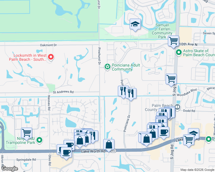 map of restaurants, bars, coffee shops, grocery stores, and more near 3398 Pinehurst Drive in Lake Worth