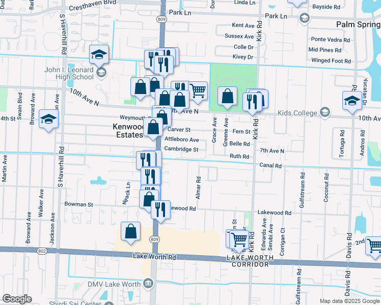map of restaurants, bars, coffee shops, grocery stores, and more near 4337 Cambridge Street in Lake Worth
