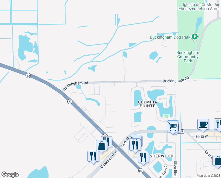 map of restaurants, bars, coffee shops, grocery stores, and more near 10633 Buckingham Road in Fort Myers