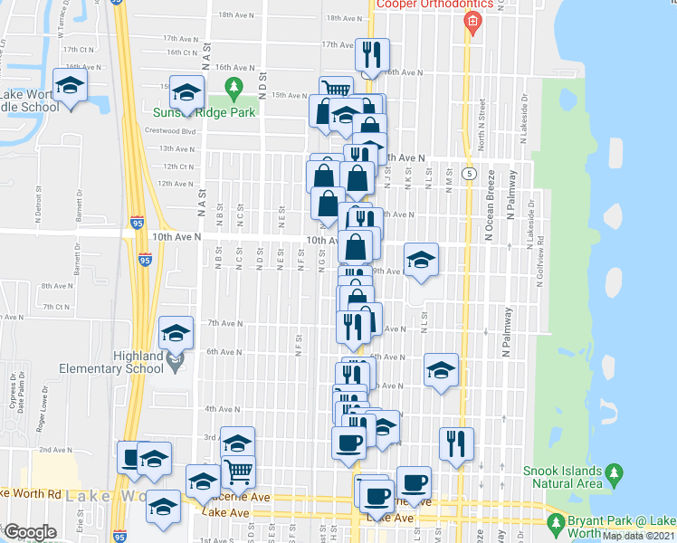 map of restaurants, bars, coffee shops, grocery stores, and more near 831 North H Street in Lake Worth