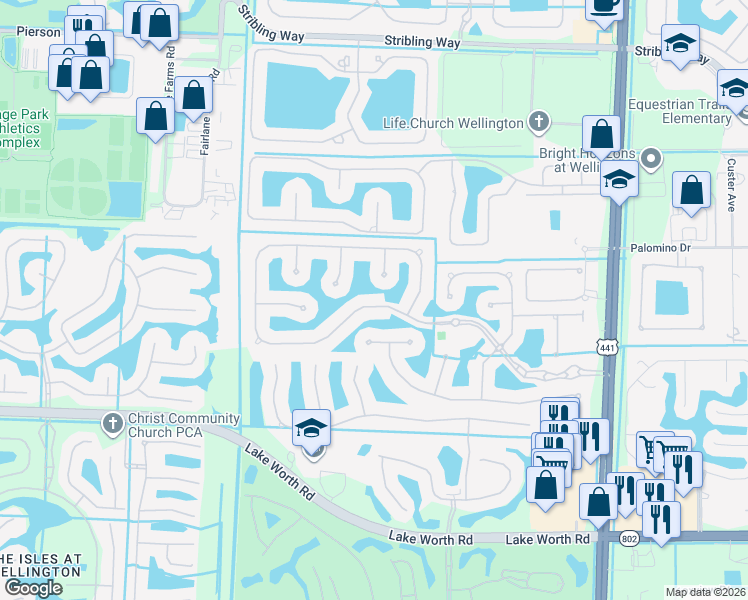 map of restaurants, bars, coffee shops, grocery stores, and more near 10513 Versailles Boulevard in Wellington