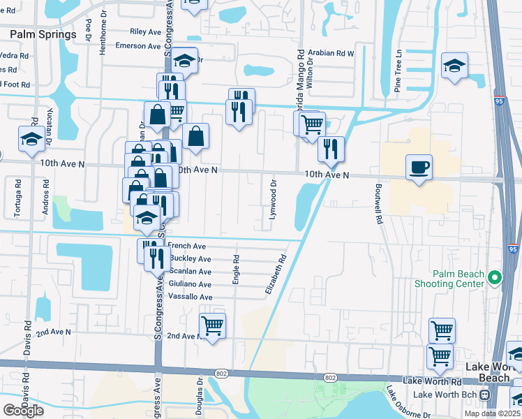 map of restaurants, bars, coffee shops, grocery stores, and more near 2729 Helyn Road in Lake Worth