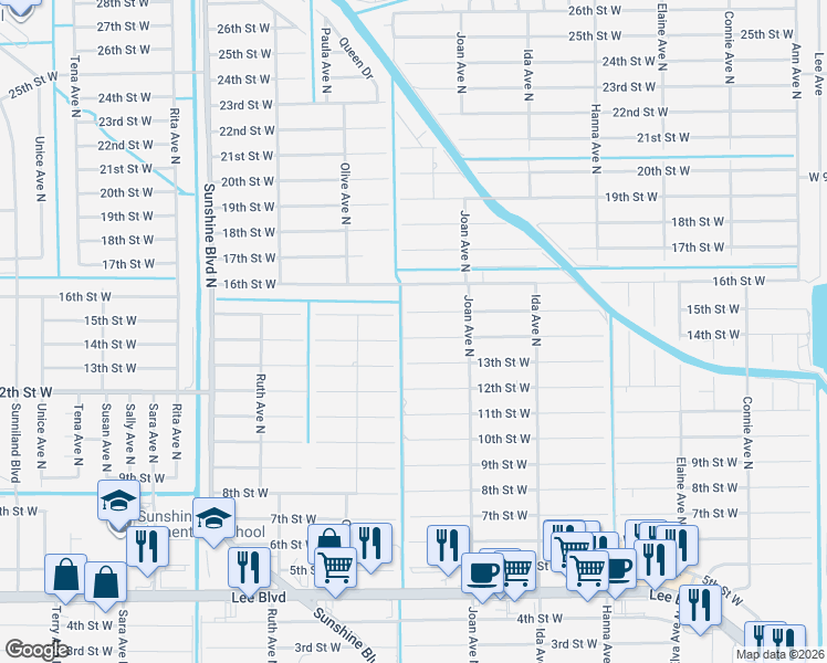 map of restaurants, bars, coffee shops, grocery stores, and more near 3016 14th Street West in Lehigh Acres