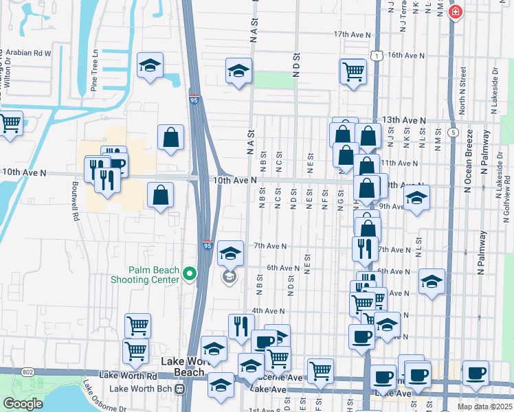 map of restaurants, bars, coffee shops, grocery stores, and more near 831 North B Street in Lake Worth