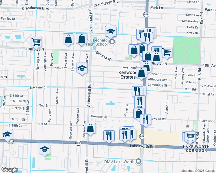 map of restaurants, bars, coffee shops, grocery stores, and more near 4829 Springfield Street in Lake Worth