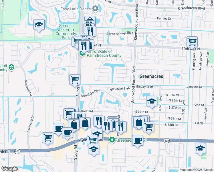 map of restaurants, bars, coffee shops, grocery stores, and more near 237 Wedgewood Circle in Greenacres